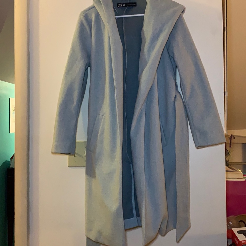 Zara Light blue Hooded Wool-Blend Pea Coat